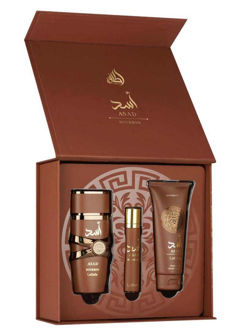 Lattafa Gift Set – Asad Bourbon 100Ml – 12ml – Shower Gel - Image 1